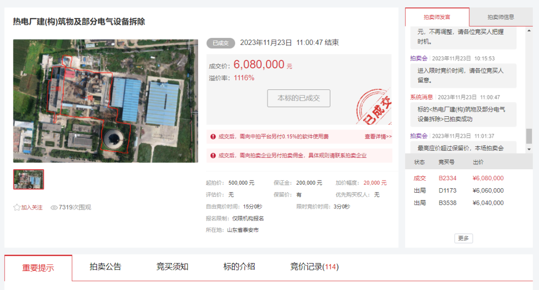 熱電廠拆除權拍賣引熱潮，溢價率1116%
